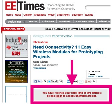 EE Times 2-Page Viewing Limit w/o Logging In - RF Cafe
