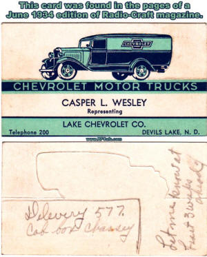 Lake Chevrolet Business Card Found in 1934 Radio-Craft